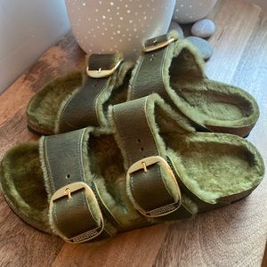 Birkenstock Arizona Big Buckle Shearling Olive Oiled Leather Size 40 Narrow